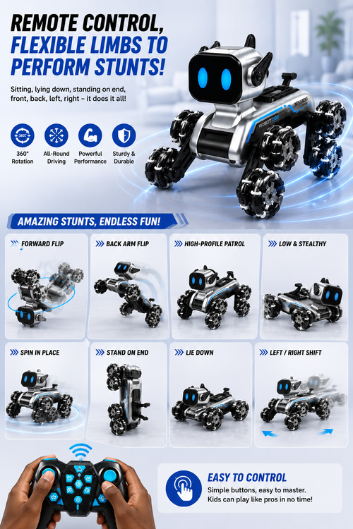🔥 8-Wheel Stunt Robot Dog – The Ultimate RC Smart Toy for Kids | 360° Stunts, Music, Lights & Gesture Control