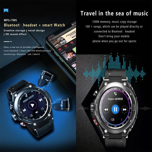 2-in-1 smart music watch player with built-in earphones, heart rate and blood pressure monitoring, exercise detection