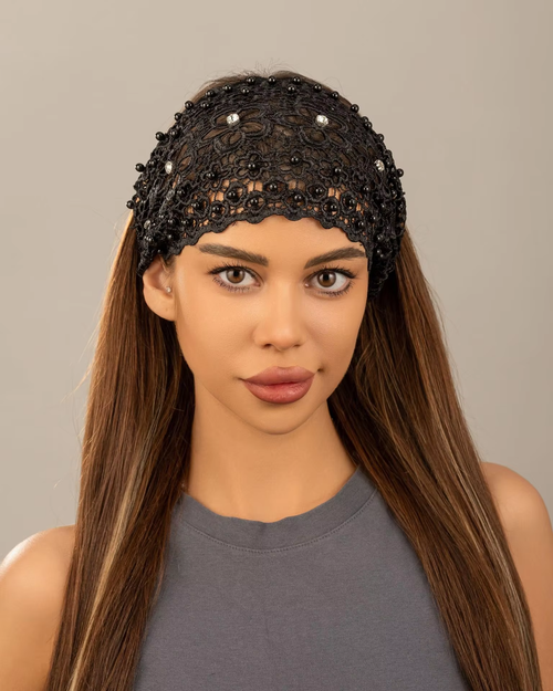 American-style new arrival: wide-brimmed, tie-back floral headband adorned with pearls – a velvet hair accessory for women