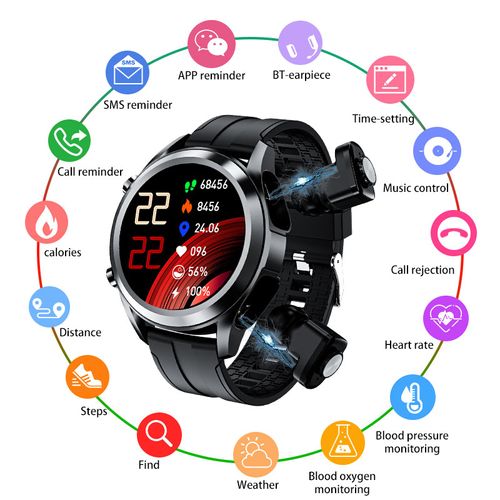 2-in-1 smart music watch player with built-in earphones, heart rate and blood pressure monitoring, exercise detection