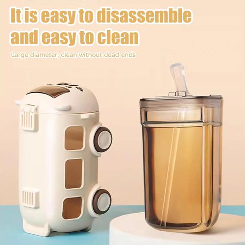 Bus-shaped straw plastic toy cup with portable shoulder strap, suitable for children, school, and babies a toy water bottle.