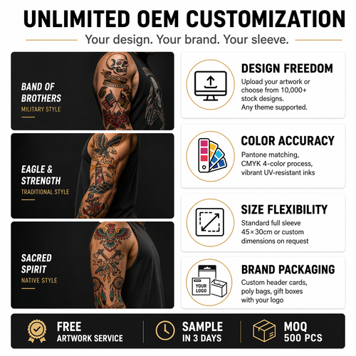 Full-arm temporary tattoo stickers, black, realistic, waterproof, long-lasting, body art custom tattoos (ten random designs)