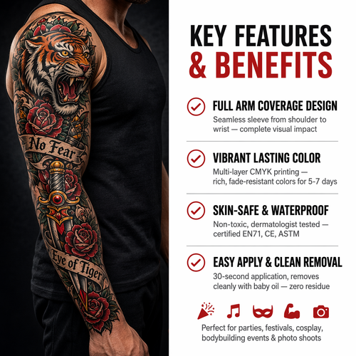 Full-arm temporary tattoo stickers, black, realistic, waterproof, long-lasting, body art custom tattoos (ten random designs)