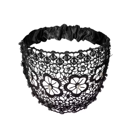 American-style new arrival: wide-brimmed, tie-back floral headband adorned with pearls – a velvet hair accessory for women