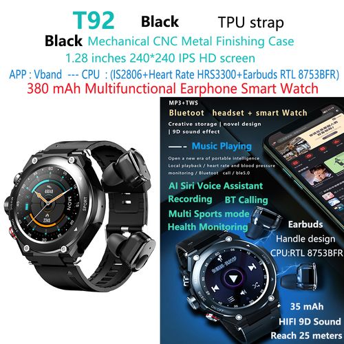 2-in-1 smart music watch player with built-in earphones, heart rate and blood pressure monitoring, exercise detection