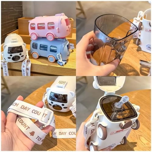 Bus-shaped straw plastic toy cup with portable shoulder strap, suitable for children, school, and babies a toy water bottle.