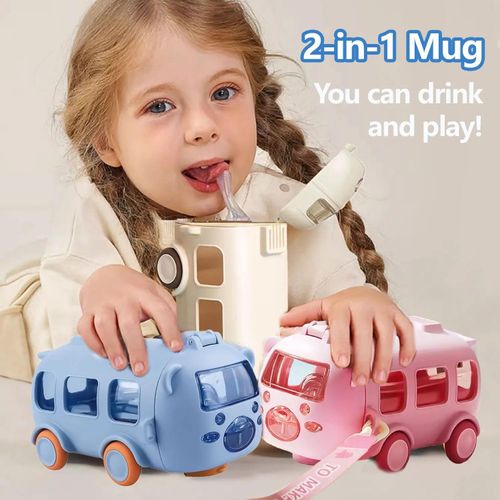 Bus-shaped straw plastic toy cup with portable shoulder strap, suitable for children, school, and babies a toy water bottle.