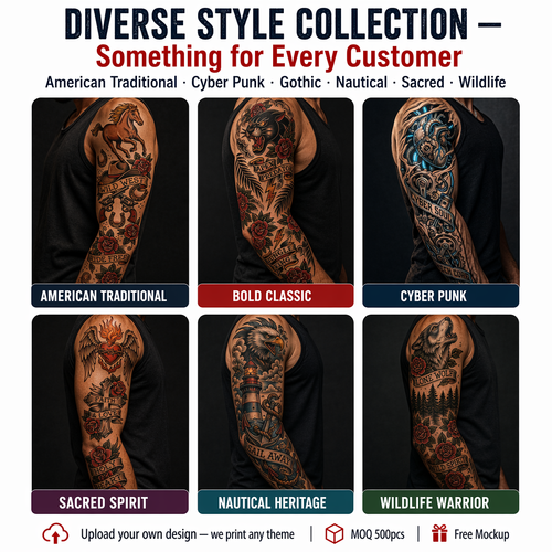 Full-arm temporary tattoo stickers, black, realistic, waterproof, long-lasting, body art custom tattoos (ten random designs)