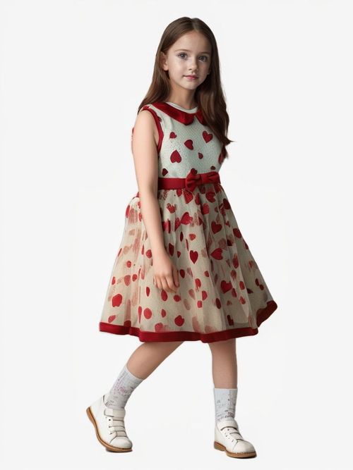 Children's Heart Printed Tulle Evening Dress