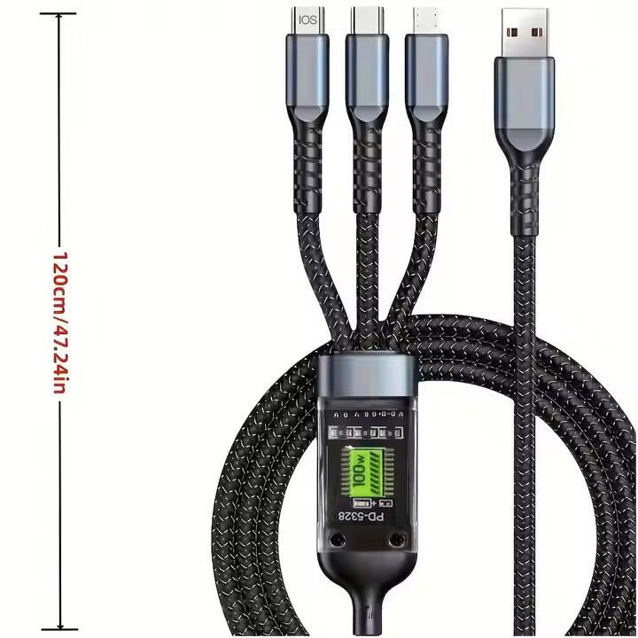 100W Type C 3 in 1 Nylon Braided Data USB Cable Night-luminous Universal Cell Phone Usb Cable Type-C Android Charger Cord