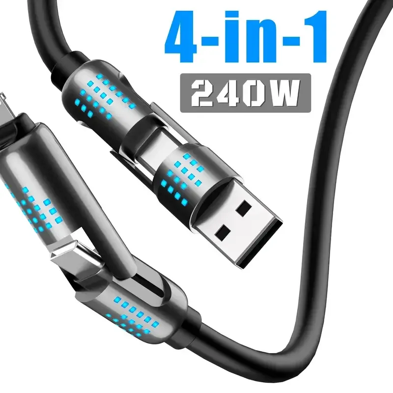 240W 4-in-1 USB-C Cable - PD 5A Fast Charging & Data Sync With USB A, TYPE C, Breathing Light, Aluminum Alloy Design