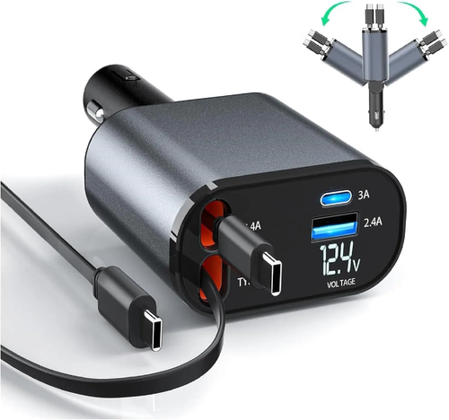 Led Digital Display 100W Max Fast Charging Pd Super 2 Port Fast USB Type C 4 in 1 Retractable Car Charger Power Supply Adapters