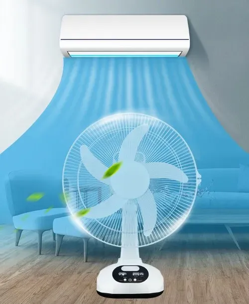Ventilador de mesa elétrico solar de alta qualidade para uso doméstico com bateria de resfriamento recarregável DC 12 polegadas Ventilador solar eólico com lâmpada LED