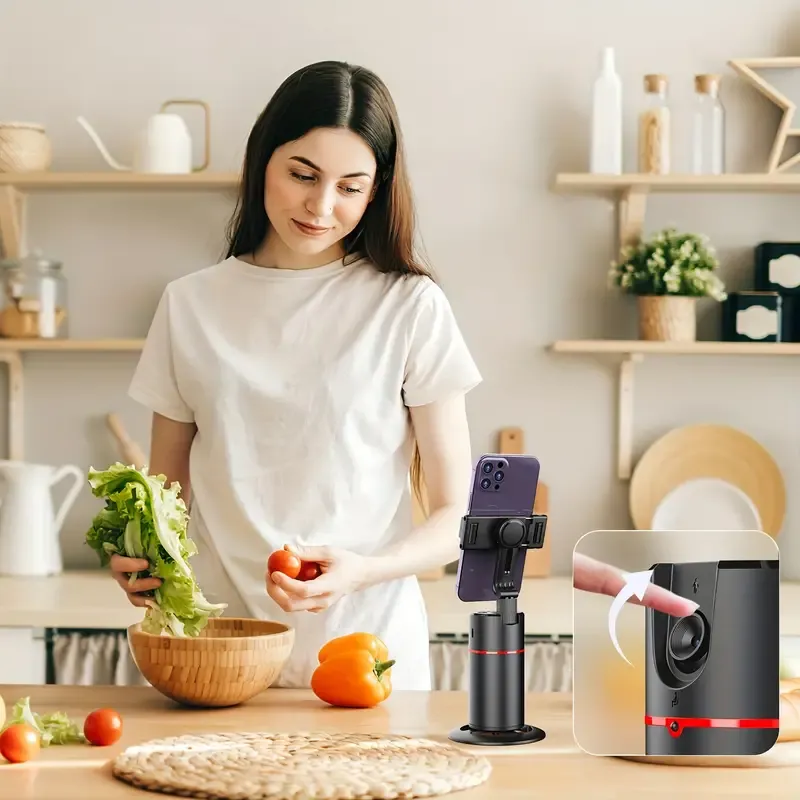 Tripé de rastreamento facial automático, suporte de telefone com rastreamento automático, sem necessidade de aplicativo, suporte para câmera de telefone com rotação de 360°, suporte para rastreamento de telefone com controle remoto por gestos para vlog, streaming, vídeo