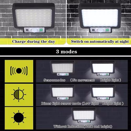 Luz de rua solar, luz de parede com sensor de movimento PIR de energia solar, 3 modos de iluminação Lâmpada de parede 117COB à prova de água, lâmpada de inundação de segurança de jardim ao ar livre para quintal de jardim ao ar livre