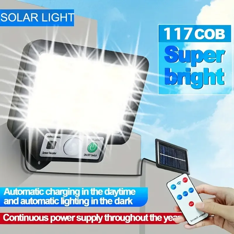 Luz de rua solar, luz de parede com sensor de movimento PIR de energia solar, 3 modos de iluminação Lâmpada de parede 117COB à prova de água, lâmpada de inundação de segurança de jardim ao ar livre para quintal de jardim ao ar livre