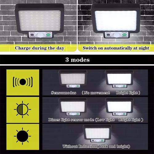 Luz de rua solar, luz de parede com sensor de movimento PIR de energia solar, 3 modos de iluminação Lâmpada de parede 117COB à prova de água, lâmpada de inundação de segurança de jardim ao ar livre para quintal de jardim ao ar livre