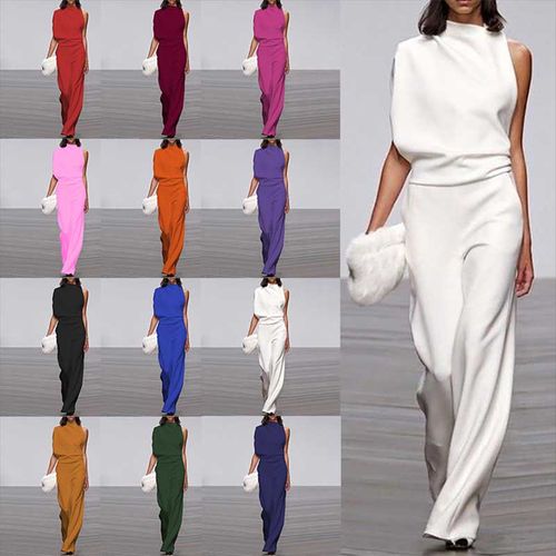 Solid Color One Shoulder Pile Neck Jumpsuit