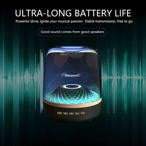 Compact Black Wireless Mini Stereo Speaker with 360° Surround Sound, 7 LED Lighting Effects, USB Type-C Charging, Wireless Conne