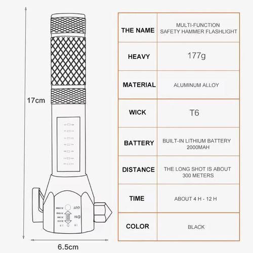 Multi-Function COB LED Flashlight Emergency Light Safety Hammer