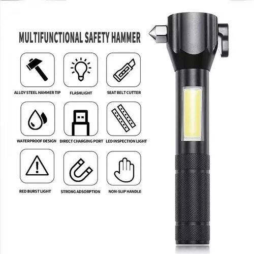 Multi-Function COB LED Flashlight Emergency Light Safety Hammer
