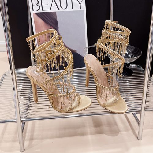 Golden Shoes Fashion Rhinestones Peep Toe Ladies High Heels Crystal Shoes Gladiator Sandals Women Thin Heels Female Footwear(Dinner date, evening banquet)
