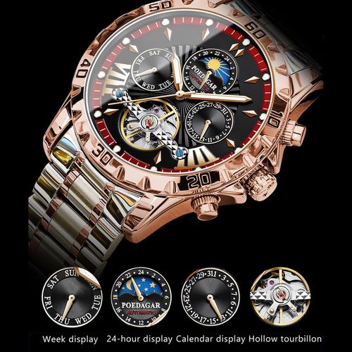 Men's watch - luxurious automatic mechanical skeleton tourbillon luxury top-feeding dress watch - moon phase water-resistant luminous