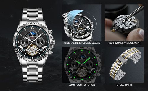 Men's watch - luxurious automatic mechanical skeleton tourbillon luxury top-feeding dress watch - moon phase water-resistant luminous