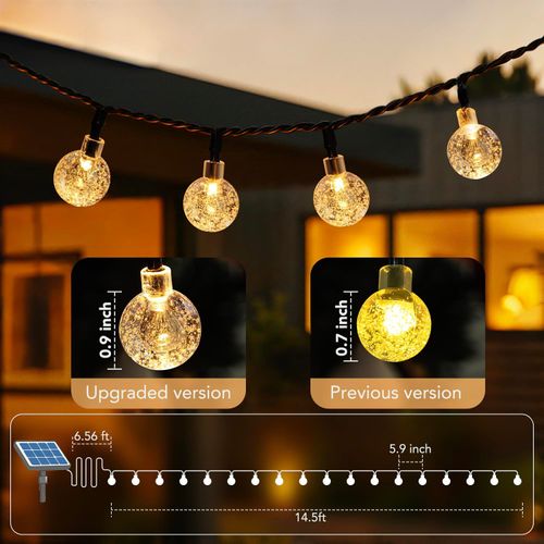 Outdoor solar light string 20FT 30 LED crystal spherical light string solar outdoor light strip with 8 lighting modes, courtyard pendant light suitable for garden, camping, and party decoration warm light