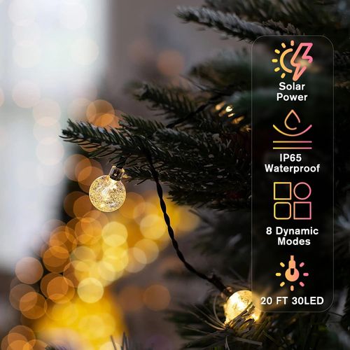 Outdoor solar light string 20FT 30 LED crystal spherical light string solar outdoor light strip with 8 lighting modes, courtyard pendant light suitable for garden, camping, and party decoration warm light