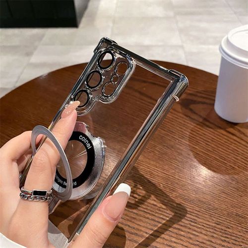 Electroplated Transparent Four Corners Airbag Anti-Drop Magnetic Phone Case for Samsung S24 S23 S22 Ultra Plus With Metal Stand