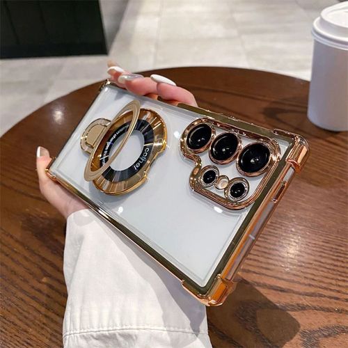 Electroplated Transparent Four Corners Airbag Anti-Drop Magnetic Phone Case for Samsung S24 S23 S22 Ultra Plus With Metal Stand