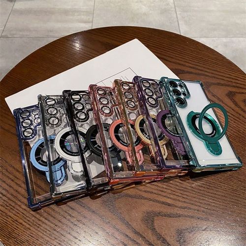 Electroplated Transparent Four Corners Airbag Anti-Drop Magnetic Phone Case for Samsung S24 S23 S22 Ultra Plus With Metal Stand