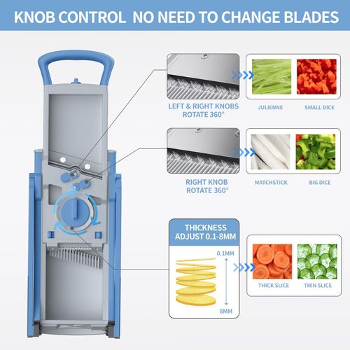 SupMaKin has upgraded the security Mandoline slicer Plus, an adjustable potato slicer, a vegetable shredder, a food slicer, a deep fryer knife, a vegetarian salad cutter, and a kitchen cutting tool. It is a gift (blue color).