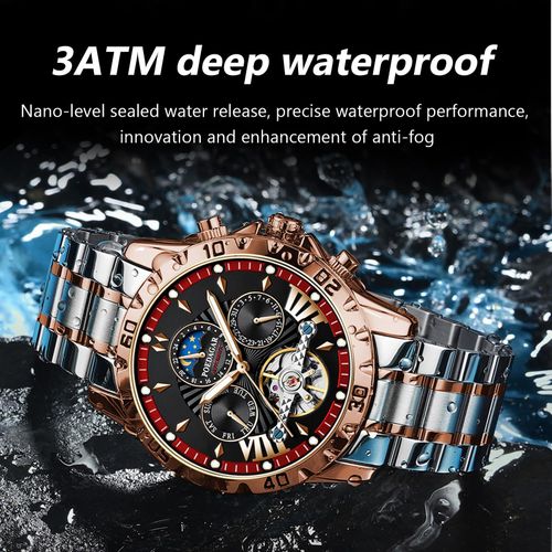 Men's watch - luxurious automatic mechanical skeleton tourbillon luxury top-feeding dress watch - moon phase water-resistant luminous