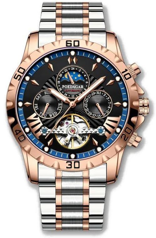 Men's watch - luxurious automatic mechanical skeleton tourbillon luxury top-feeding dress watch - moon phase water-resistant luminous