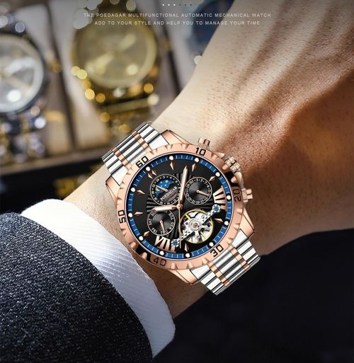 Men's watch - luxurious automatic mechanical skeleton tourbillon luxury top-feeding dress watch - moon phase water-resistant luminous