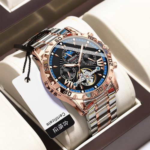 Men's watch - luxurious automatic mechanical skeleton tourbillon luxury top-feeding dress watch - moon phase water-resistant luminous