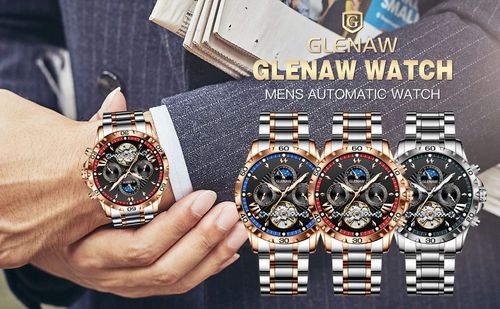 Men's watch - luxurious automatic mechanical skeleton tourbillon luxury top-feeding dress watch - moon phase water-resistant luminous