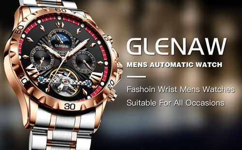 Men's watch - luxurious automatic mechanical skeleton tourbillon luxury top-feeding dress watch - moon phase water-resistant luminous