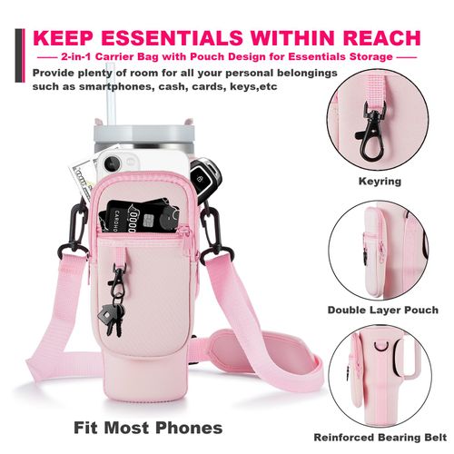Water Bottle Carrier Bag with Phone Pocket for 40 oz Tumbler, Water Bottle Holder Pouch with Adjustable Strap Bollus for Cup(more choices of color)