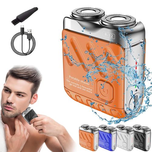 Mini electric razor with portable suitcase design, waterproof men's electric razor, quick charging with long battery life, double-ring magnetic cutter (orange)
