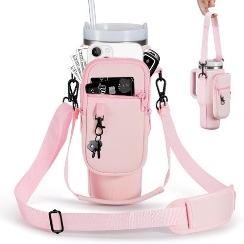 Water Bottle Carrier Bag with Phone Pocket for 40 oz Tumbler, Water Bottle Holder Pouch with Adjustable Strap Bollus for Cup(more choices of color)