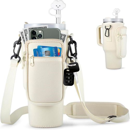 Water Bottle Carrier Bag with Phone Pocket for 40 oz Tumbler, Water Bottle Holder Pouch with Adjustable Strap Bollus for Cup(more choices of color)