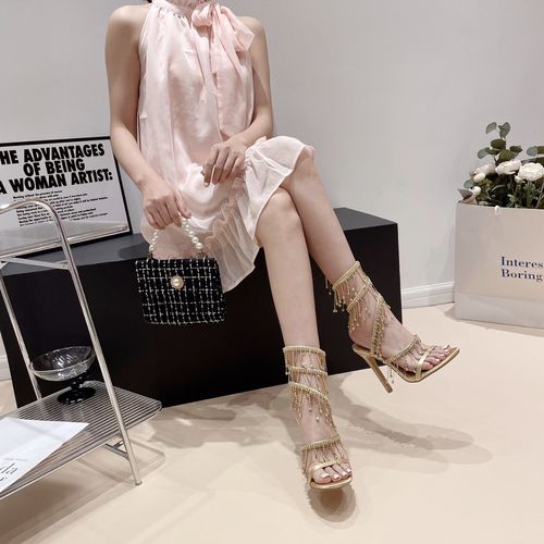 Golden Shoes Fashion Rhinestones Peep Toe Ladies High Heels Crystal Shoes Gladiator Sandals Women Thin Heels Female Footwear(Dinner date, evening banquet)