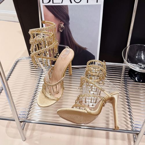 Golden Shoes Fashion Rhinestones Peep Toe Ladies High Heels Crystal Shoes Gladiator Sandals Women Thin Heels Female Footwear(Dinner date, evening banquet)