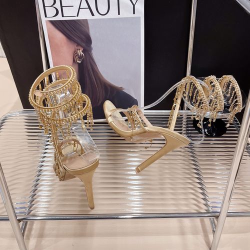 Golden Shoes Fashion Rhinestones Peep Toe Ladies High Heels Crystal Shoes Gladiator Sandals Women Thin Heels Female Footwear(Dinner date, evening banquet)
