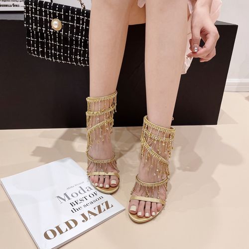 Golden Shoes Fashion Rhinestones Peep Toe Ladies High Heels Crystal Shoes Gladiator Sandals Women Thin Heels Female Footwear(Dinner date, evening banquet)