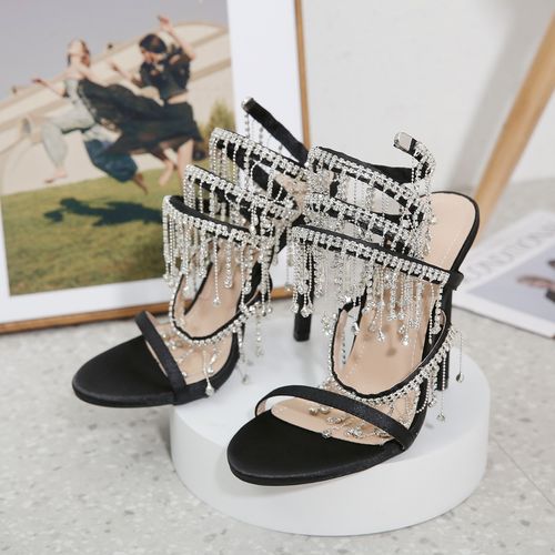 Golden Shoes Fashion Rhinestones Peep Toe Ladies High Heels Crystal Shoes Gladiator Sandals Women Thin Heels Female Footwear(Dinner date, evening banquet)