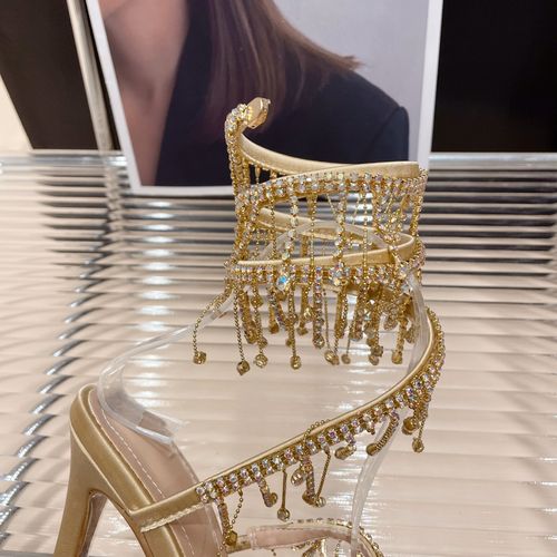 Golden Shoes Fashion Rhinestones Peep Toe Ladies High Heels Crystal Shoes Gladiator Sandals Women Thin Heels Female Footwear(Dinner date, evening banquet)